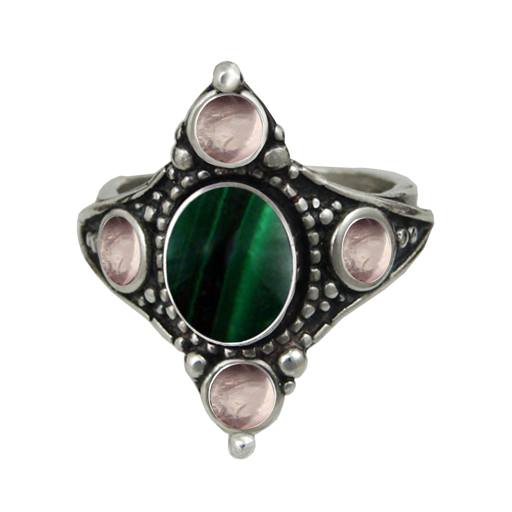 Sterling Silver Renaissance Queen's Ring With Malachite And Rose Quartz Size 9